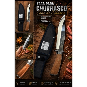 Faca Esportiva Premium Aço Inox Cabo Madeira Churrasco 32cm SLK A816