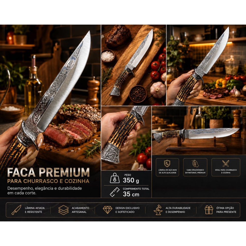 Faca Artesanal Rustica Cabo De Osso Com Lâmina Trabalhada 35cm 2352