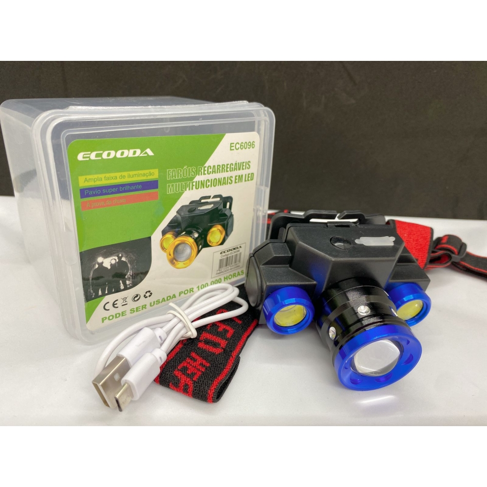 Lanterna de Cabeça Recarregável USB ECOODA EC-6096 3 Led
