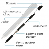 Caneta Tática Multifuncional 6 Funções Bússola Faca e Mais