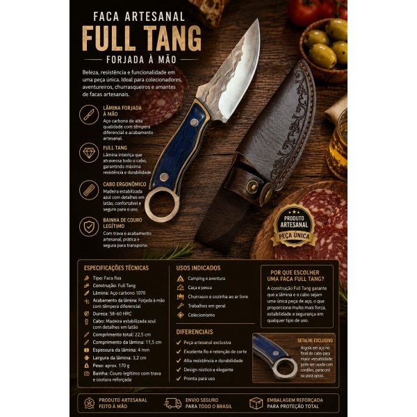 Faca Artesanal Espartana Full Tang Aço Inox Cabo Azul + Bainha De Couro Rústica LAF817