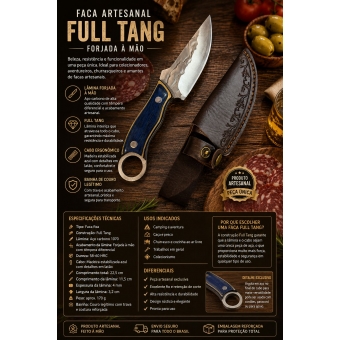 Faca Artesanal Espartana Full Tang Aço Inox Cabo Azul + Bainha De Couro Rústica LAF817