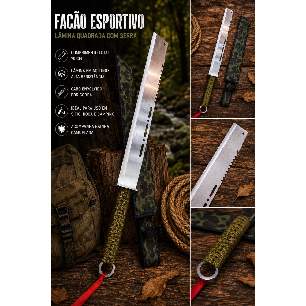 Facão Esportivo  70cm Aço Inox Com Serra + Bainha Camuflada K18
