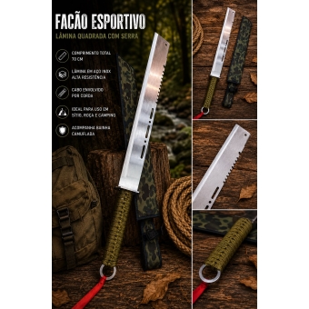 Facão Esportivo  70cm Aço Inox Com Serra + Bainha Camuflada K18