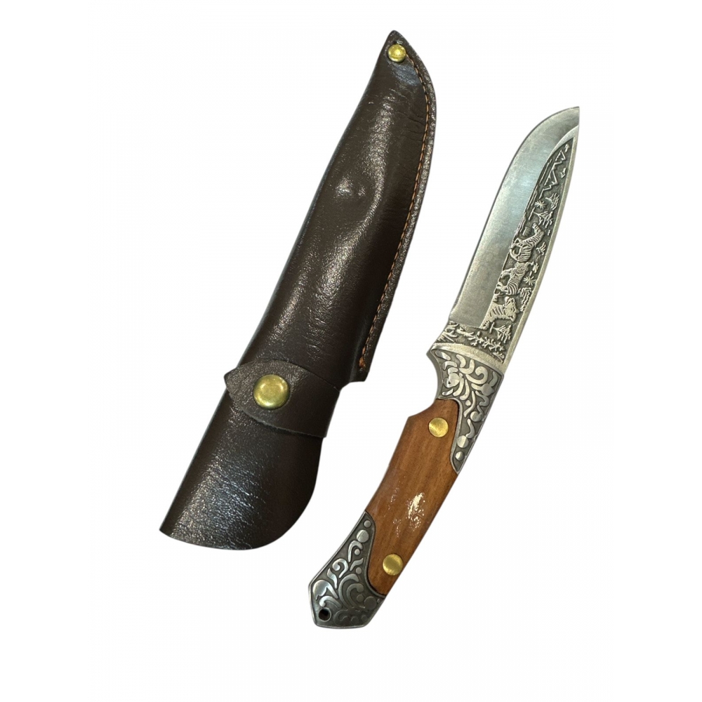 Faca Cabeça De Cobre Em Alto Relevo 24cm Churrasco Multiuso C/ Bainha De Couro FD02