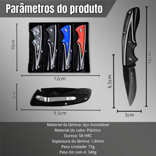 Kit com 4 Canivetes Abertura Manual Para Camping Luatek SLK-D53