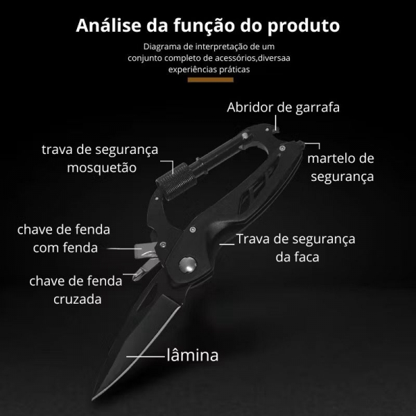 Canivete Black 6 em 1 com Chaveiro e Mosquetão - Compacto e Prático DSK-8
