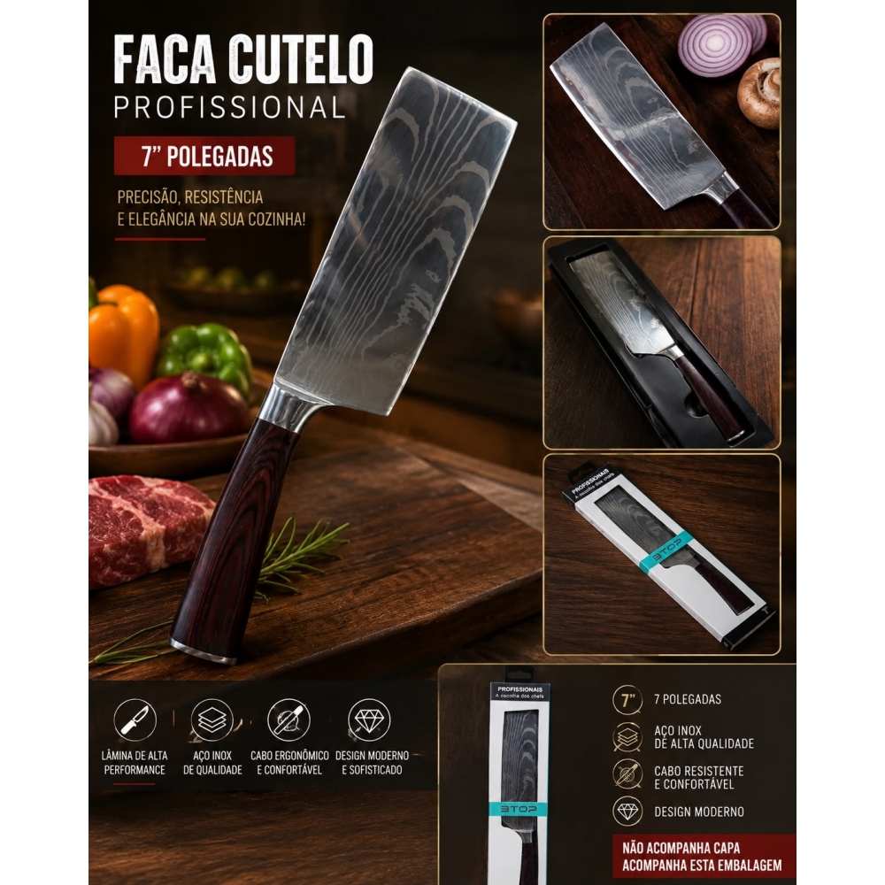 Faca Cutelo 7 Polegadas Aço Inox Premium Com Estojo 17099