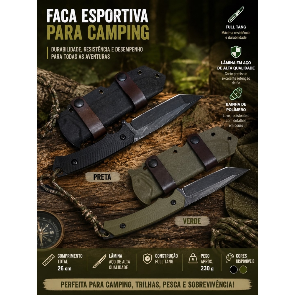 Faca Esportiva Para Camping Tática Full Tang Com Bainha 26cm YX17