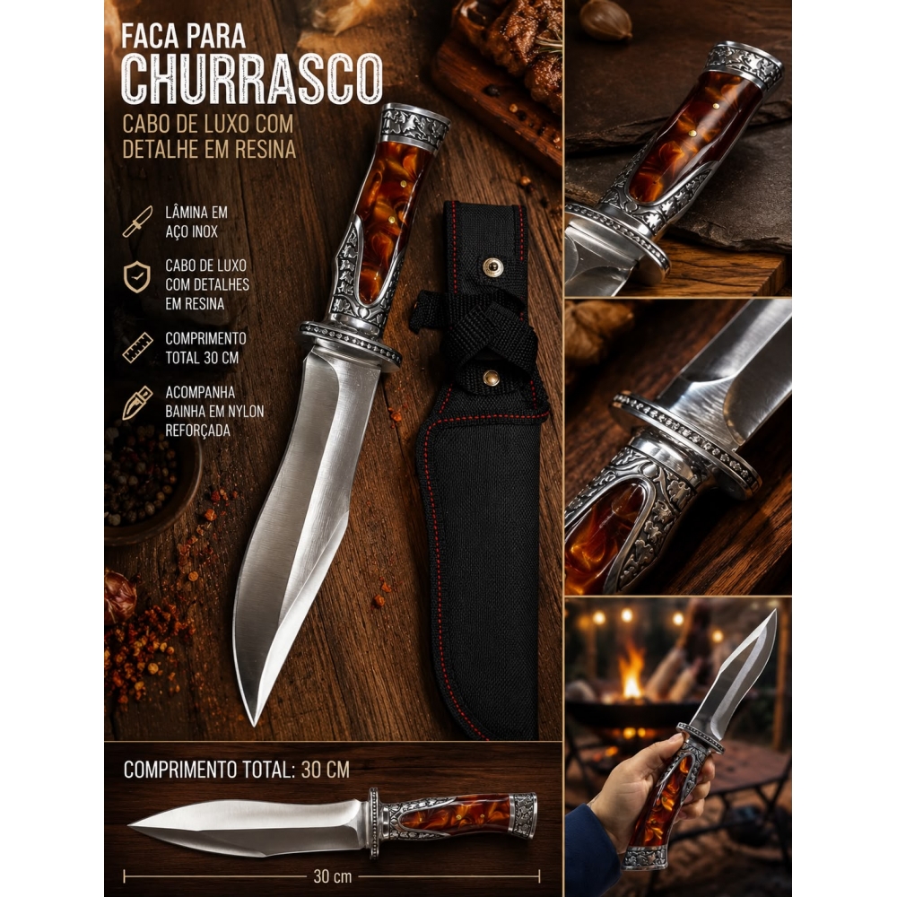 FACA LUXO PARA CHURRASCO – 30CM COM DETALHE EM RESINA 2007
