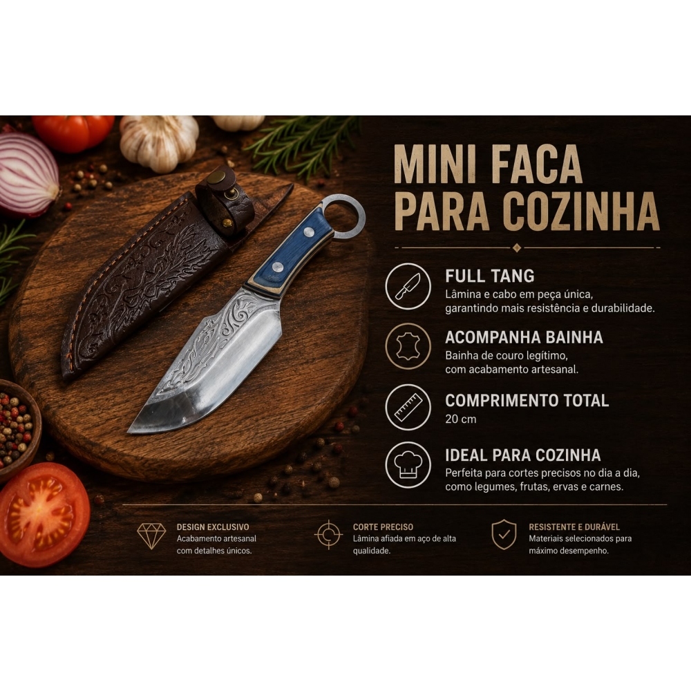 Faca l Espartana Full Tang Aço Inox Cabo Azul + Bainha De Couro Rústica LAF818