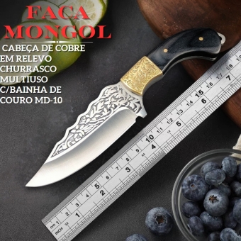 Faca Mongol Cabo Madeira Churrasco Multiuso C/Bainha De Couro MD-10