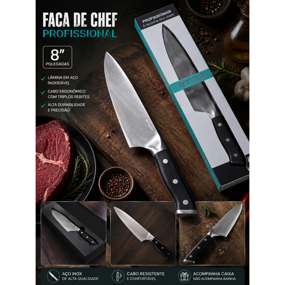 Faca De Chef Profissional 8 Polegadas + Caixa Para Presente 17108