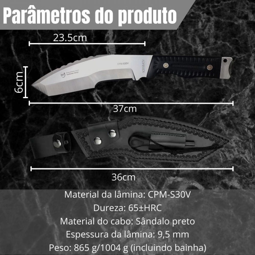 Faca de Aço Especial, 37Cm, Cabo Feito em Sândalo Preto DOGLEG-A