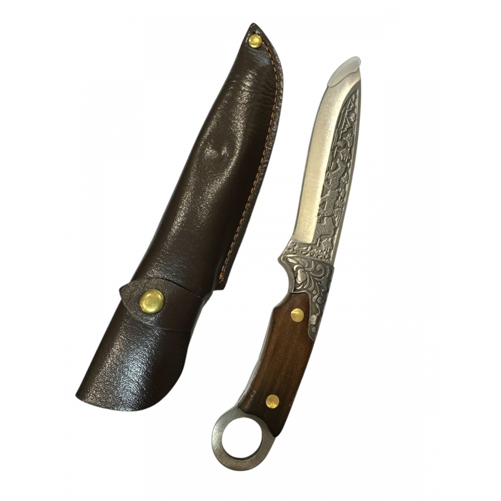 Faca Cabeça De Cobre Em Alto Relevo 24cm Churrasco Multiuso C/ Bainha De Couro FD03