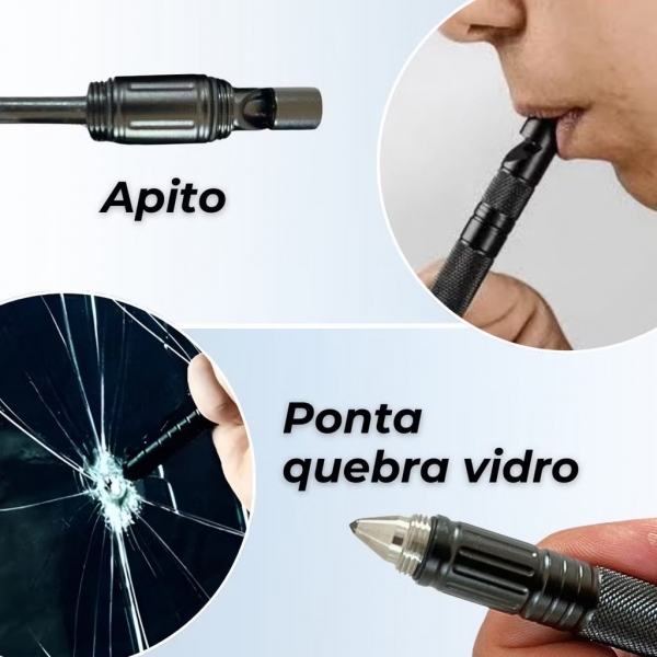 Caneta Tática Multifuncional 6 Funções Bússola Faca e Mais