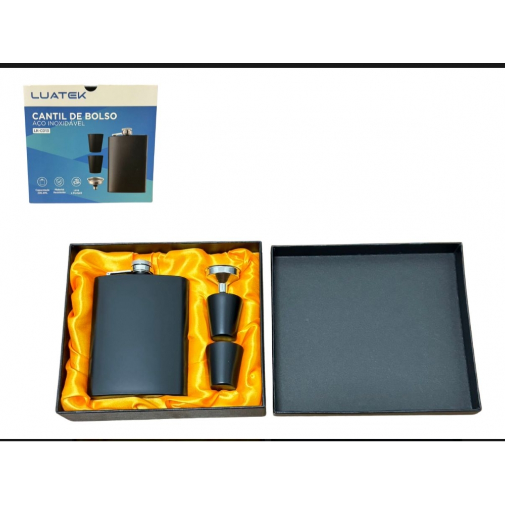 Kit Cantil 226ml Inox Frasco Whiskeira Bolso 2 Copos 1 Funil Cd13