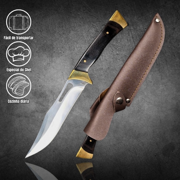 Faca Fulltang 25cm Cabo em Madeira, Guarda e Pomo em metal + Bainha ...