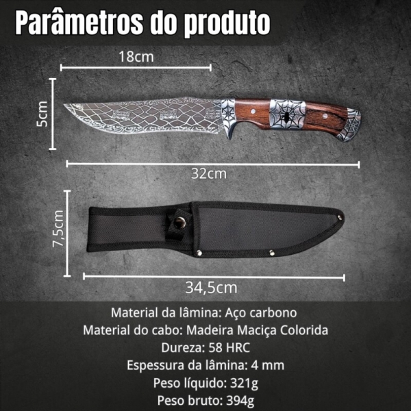Faca Caça e Pesca Aço Inoxidável 32cm Desing Aranha + Bainha reforçada TF35