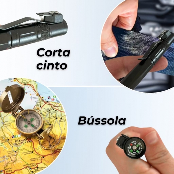 Caneta Tática Multifuncional 6 Funções Bússola Faca e Mais