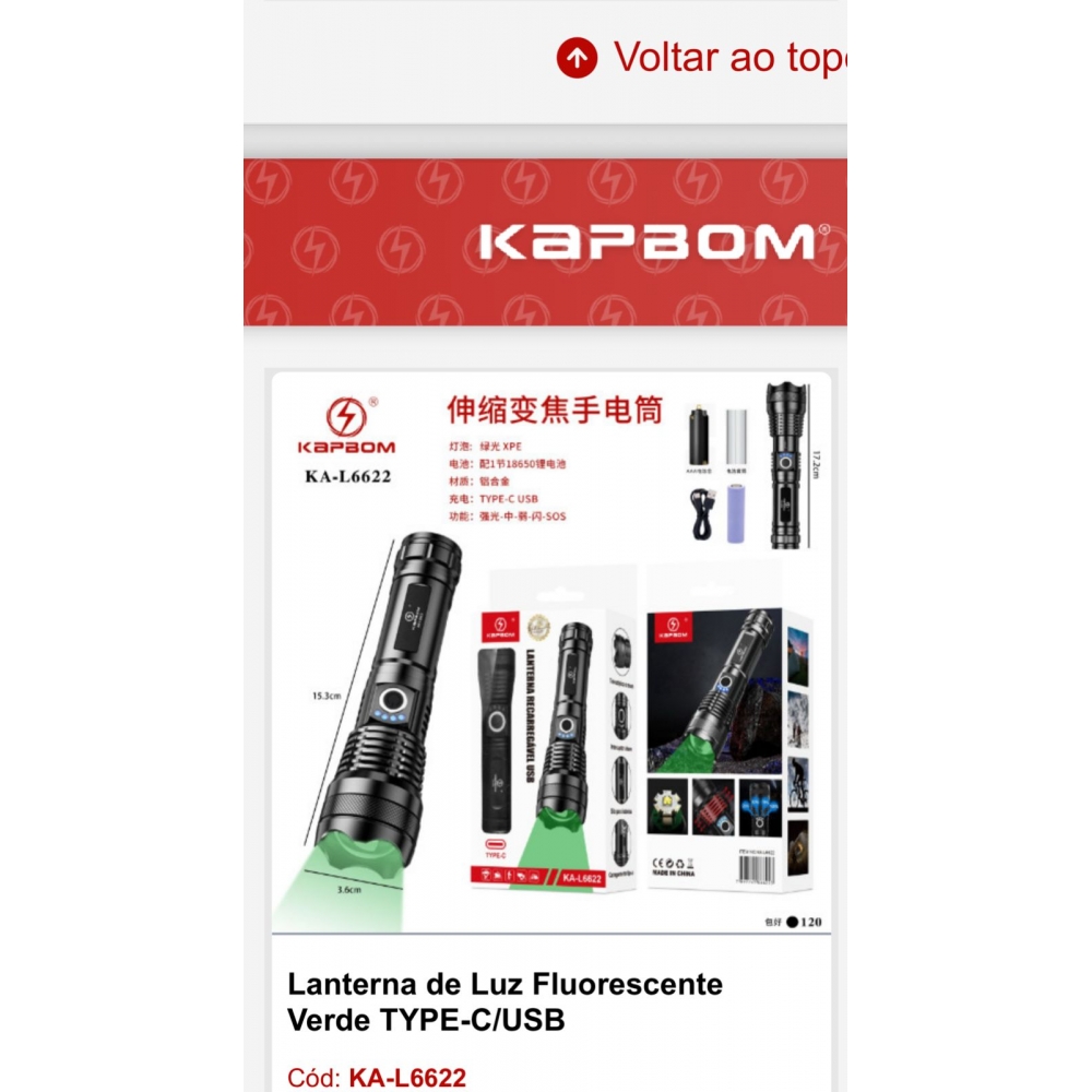 Lanterna Led Recarregavel Usb C Luz Verde Tática Caça Pesca KAPBOM KA-L6622