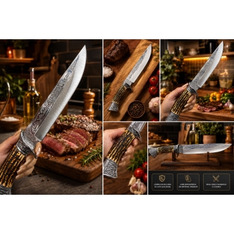 Faca Artesanal Rustica Cabo De Osso Com Lâmina Trabalhada 35cm 2352
