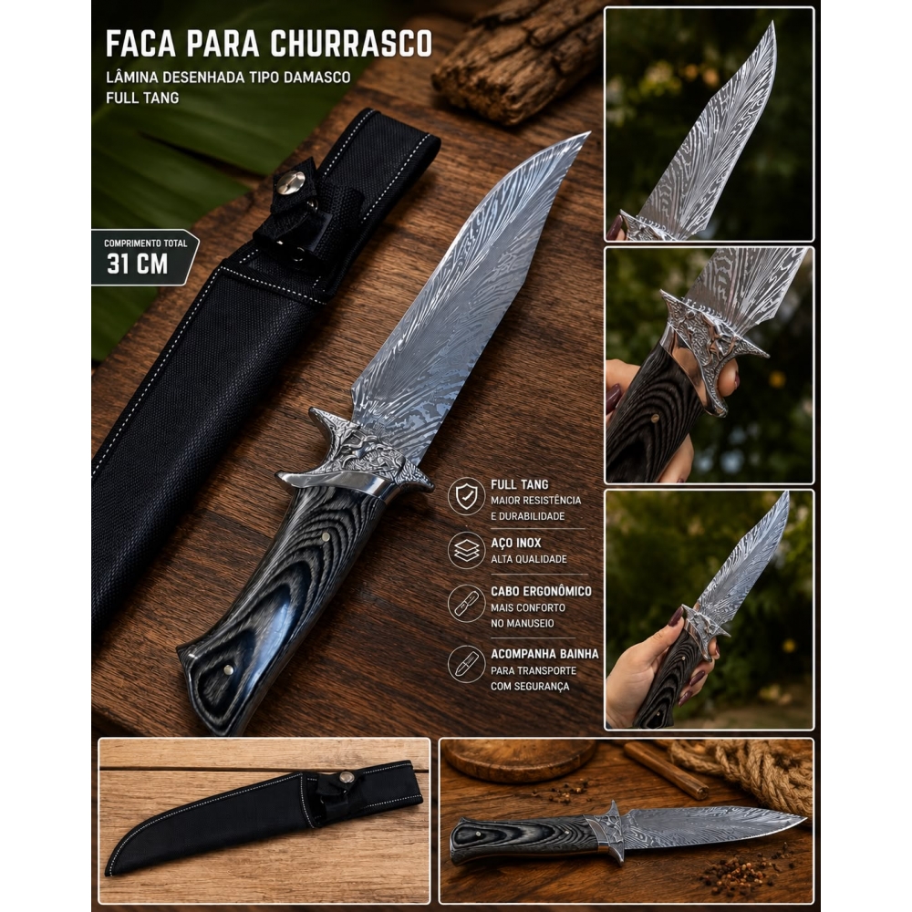 FACA PARA CHURRASCO PREMIUM - ESTILO DAMASCO FEATHER (31 CM)